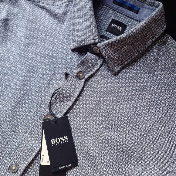 Boss New Men's Jersey Shirt Slim Fit Sz Medium - Dark Blue White - Retail $158 - Picture 1 of 14